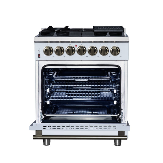 Massimo 30 Inch Dual Fuel Range in White with Air Fryer Basket, True Convection Oven, Matte Cast Iron Grates, and Antique Brass Handles