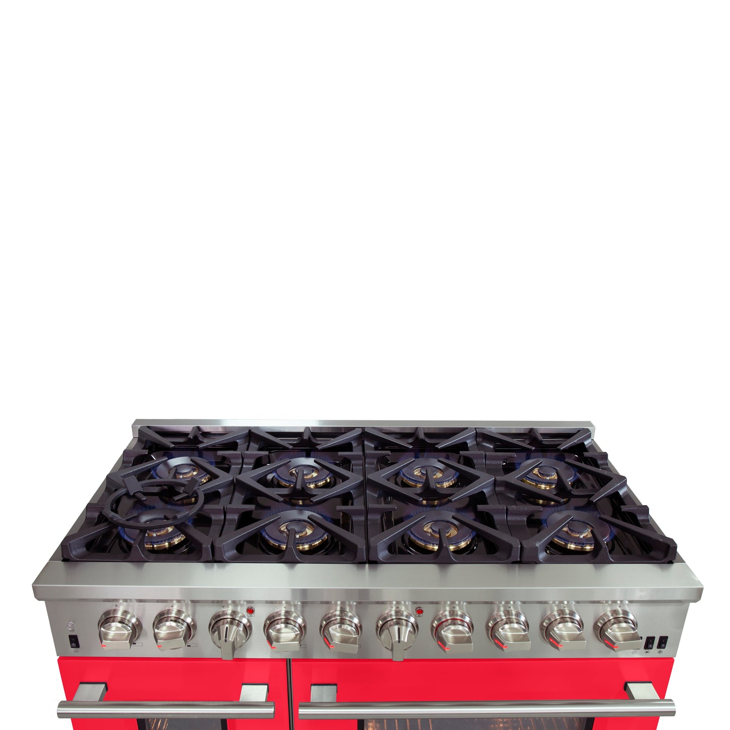 Forno Capriasca 48-Inch Freestanding Dual Fuel Range, 8 Burners, True Convection Oven, Red Doors