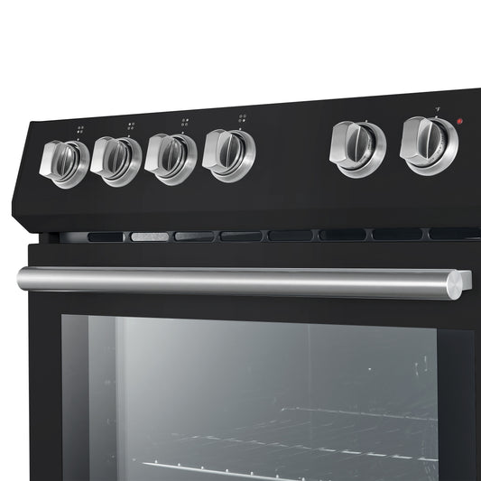 FORNO Premium 4-Piece Kitchen Bundle - Leonardo Espresso 30" Black Range, 30" Black Range Hood, 31" Black Bottom Freezer Refrigerator, 24" Black Built-In Dishwasher - FBDL-006-02CA