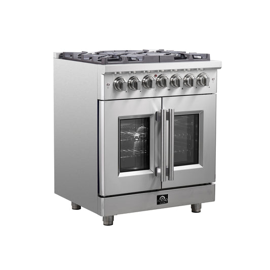 Massimo 30-inch French Door Dual Fuel Range All Stainless Steel with 5 Sealed Burners 68,000BTU , Wok Support, 4.32 cu.ft. True Convection Oven with Air Fryer Kit
