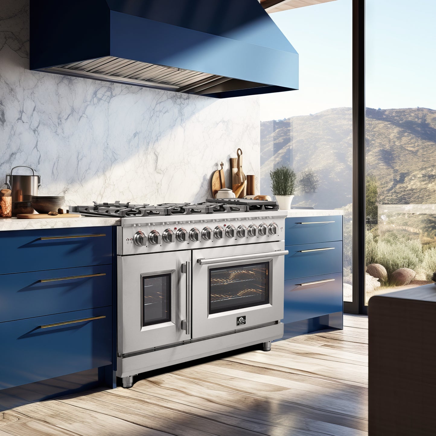 Massimo 48-inch Dual Fuel Range All Stainless Steel with 8 Sealed Burners 107,000BTU , Wok Support, Air Fryer kit & Griddle, 6.58 cu.ft. Double Ovens