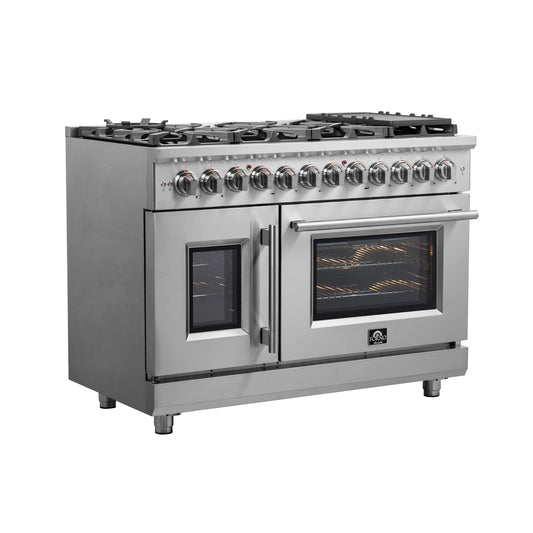 Massimo 48-inch Dual Fuel Range All Stainless Steel with 8 Sealed Burners 107,000BTU , Wok Support, Air Fryer kit & Griddle, 6.58 cu.ft. Double Ovens