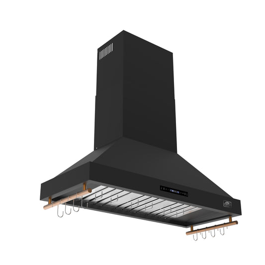 Forno Venezia 48 Inch Wall-Mounted Range Hood in Black with Antique Brass Accessories, Touch Controls and Baffle Filters