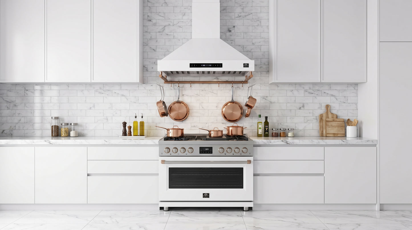 Forno Venezia 36 Inch Wall-Mounted Range Hood in White with Touch Controls and Baffle Filters