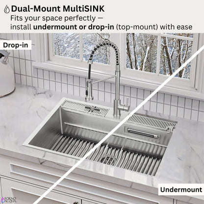 FORNO ACQUA 33 in. Drop-In/Undermount MultiSINK Workstation Sink with Waterfall Faucet & Glass Rinser