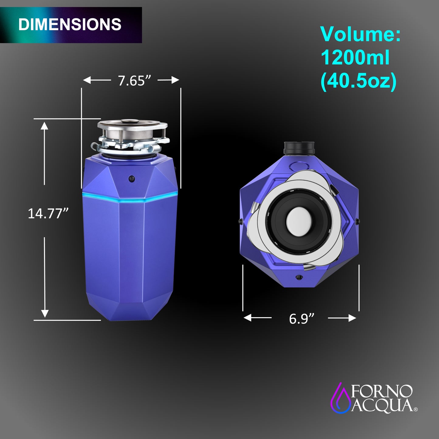 FORNO ACQUA BrightDIAMOND Amethyst 1HP Super Quiet Garbage Disposal Corded with Motion Sensor Cabinet Light & Pre-Wired Air Switch