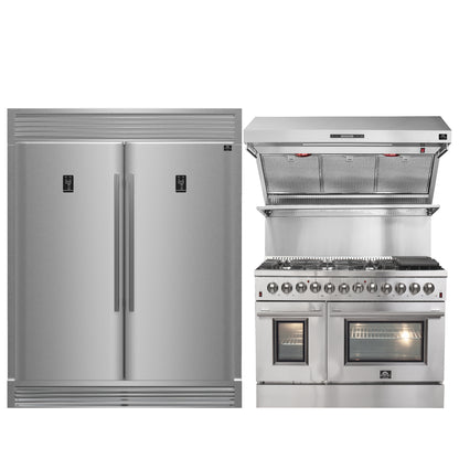 FORNO Premium 3-Piece Kitchen Bundle - FORNO Galiano 48" Freestanding Dual Fuel Range, FORNO Rizzuto 60" W. Dual Combo Convertible Refrigerator, FORNO 48" Wall Mount Range Hood - FBDL-017-02US