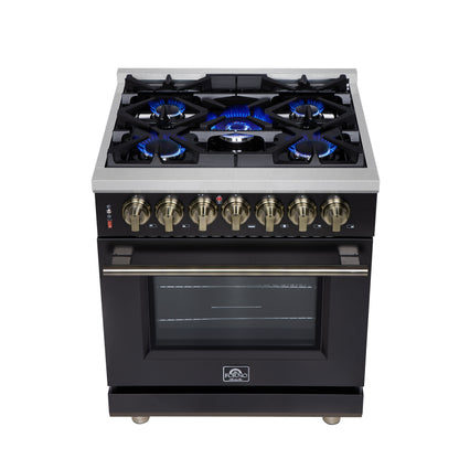 Massimo 30 Inch Dual Fuel Range in Black with Air Fryer Basket, True Convection Oven, Matte Cast Iron Grates, and Antique Brass Handles