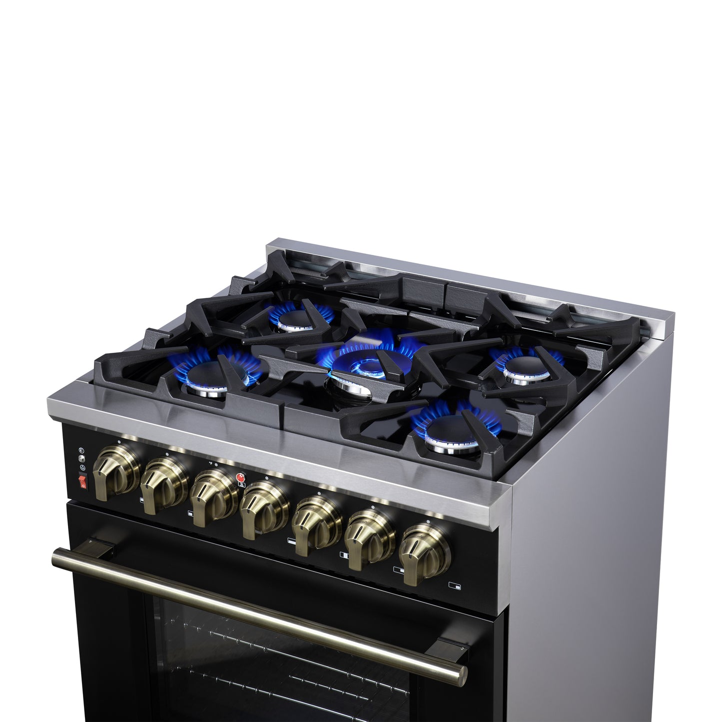 Massimo 30 Inch Dual Fuel Range in Black with Air Fryer Basket, True Convection Oven, Matte Cast Iron Grates, and Antique Brass Handles