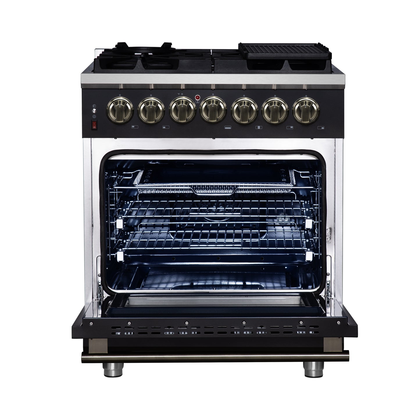 Massimo 30 Inch Dual Fuel Range in Black with Air Fryer Basket, True Convection Oven, Matte Cast Iron Grates, and Antique Brass Handles