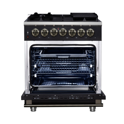 Massimo 30 Inch Dual Fuel Range in Black with Air Fryer Basket, True Convection Oven, Matte Cast Iron Grates, and Antique Brass Handles