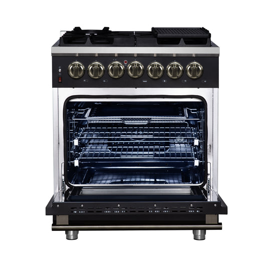 Massimo 30 Inch Dual Fuel Range in Black with Air Fryer Basket, True Convection Oven, Matte Cast Iron Grates, and Antique Brass Handles