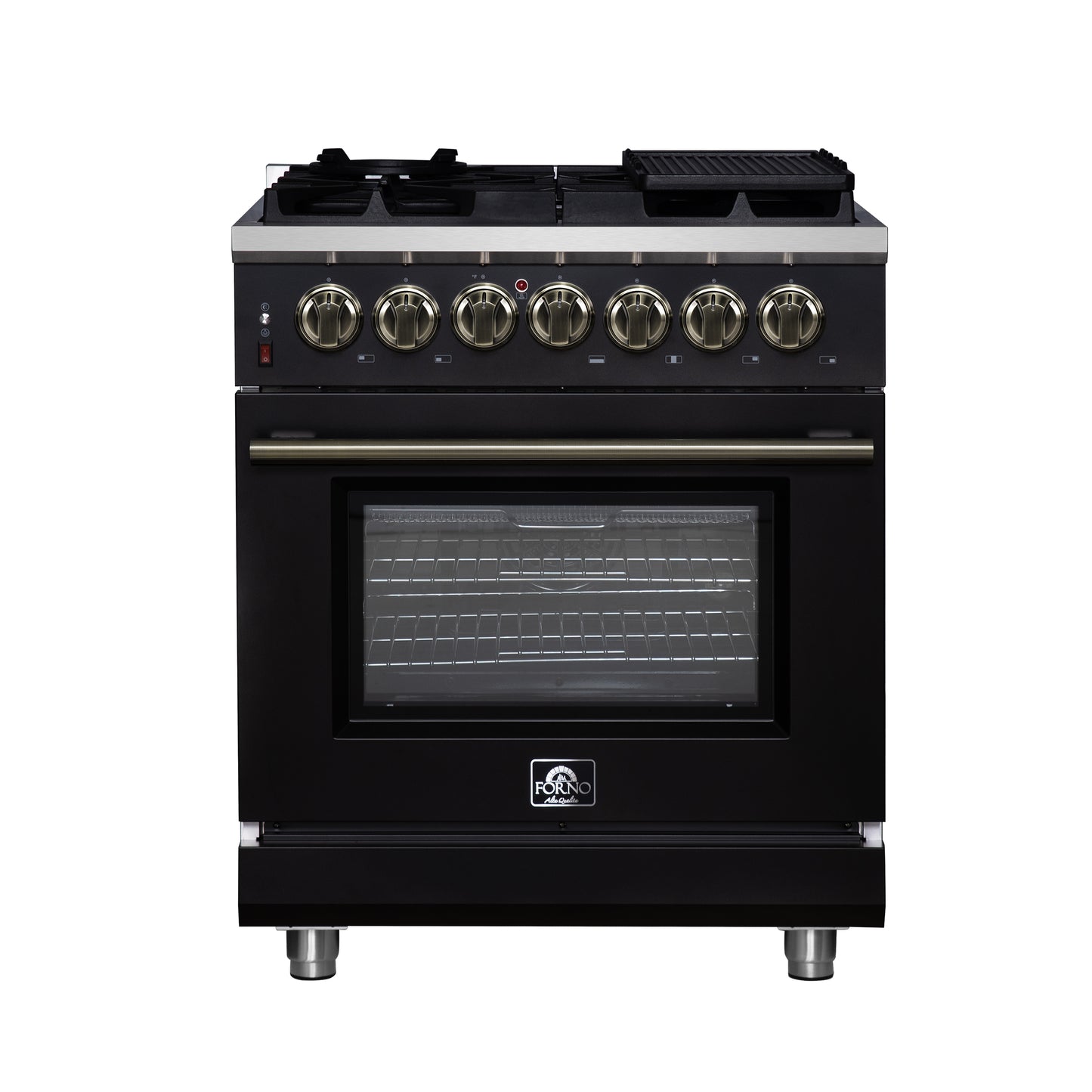 Massimo 30 Inch Dual Fuel Range in Black with Air Fryer Basket, True Convection Oven, Matte Cast Iron Grates, and Antique Brass Handles