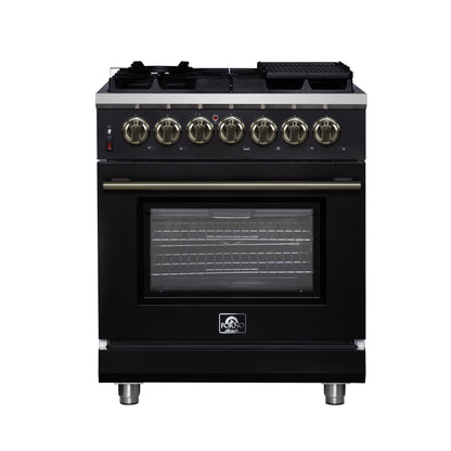 Massimo 30 Inch Dual Fuel Range in Black with Air Fryer Basket, True Convection Oven, Matte Cast Iron Grates, and Antique Brass Handles