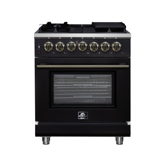 Massimo 30 Inch Dual Fuel Range in Black with Air Fryer Basket, True Convection Oven, Matte Cast Iron Grates, and Antique Brass Handles