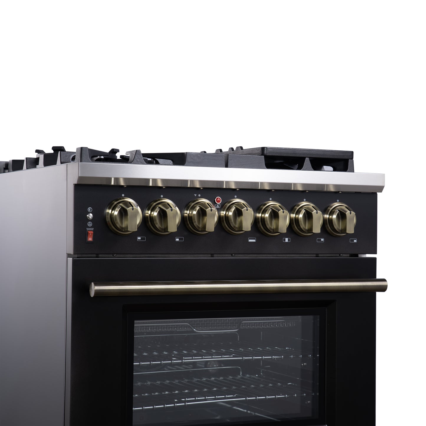 Massimo 30 Inch Dual Fuel Range in Black with Air Fryer Basket, True Convection Oven, Matte Cast Iron Grates, and Antique Brass Handles