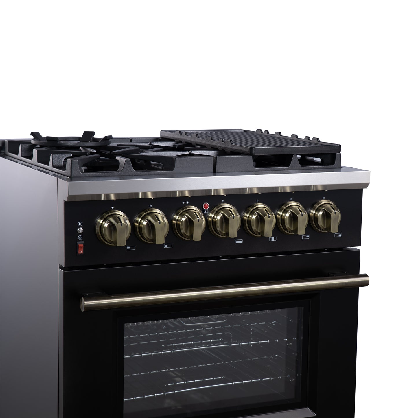 Massimo 30 Inch Dual Fuel Range in Black with Air Fryer Basket, True Convection Oven, Matte Cast Iron Grates, and Antique Brass Handles