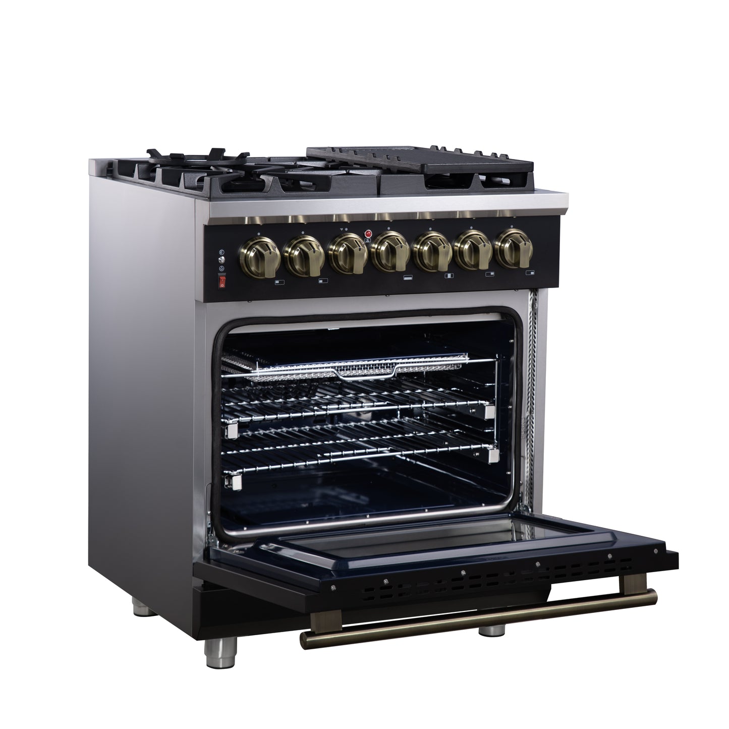 Massimo 30 Inch Dual Fuel Range in Black with Air Fryer Basket, True Convection Oven, Matte Cast Iron Grates, and Antique Brass Handles