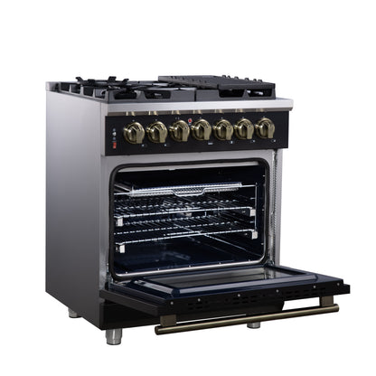 Massimo 30 Inch Dual Fuel Range in Black with Air Fryer Basket, True Convection Oven, Matte Cast Iron Grates, and Antique Brass Handles