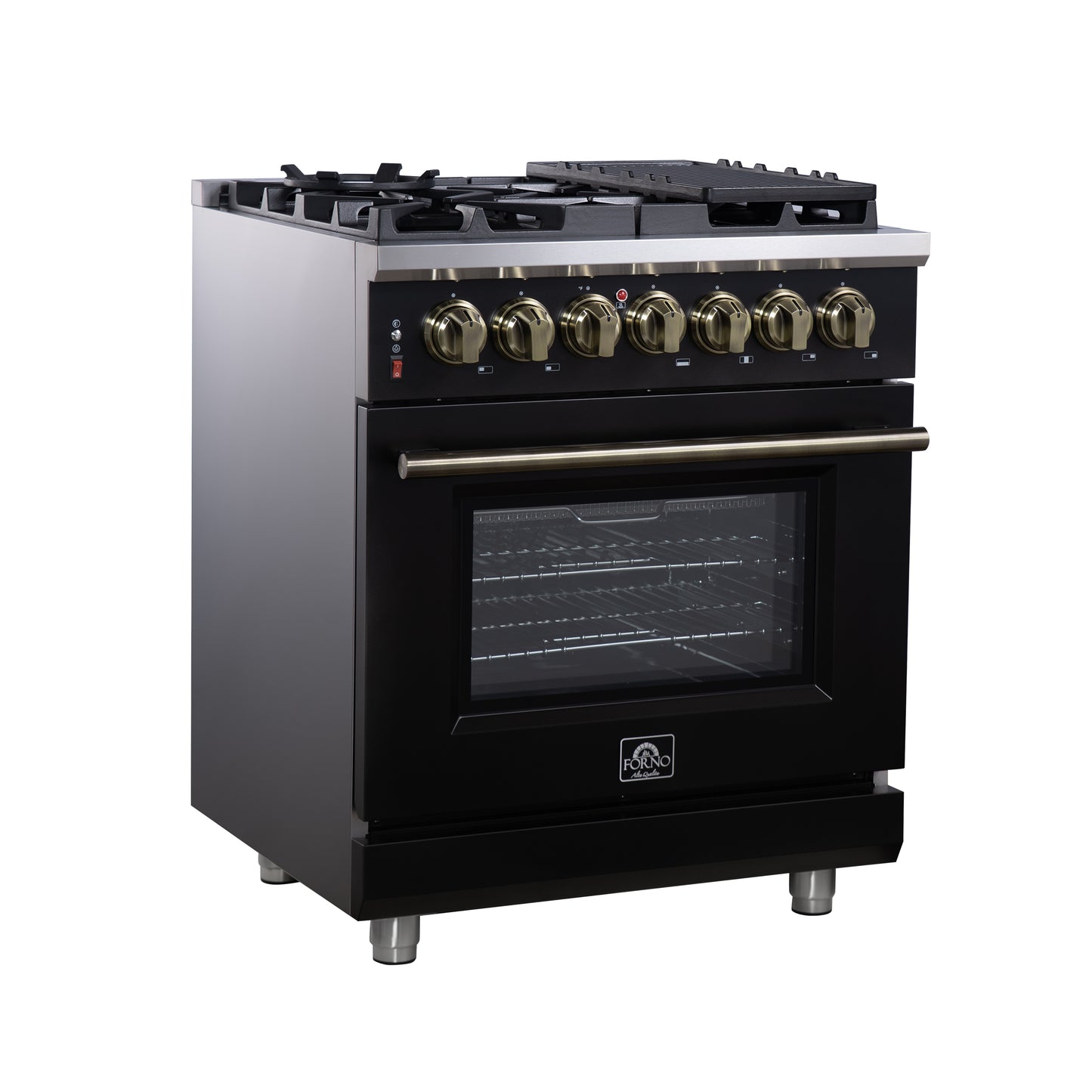 Massimo 30 Inch Dual Fuel Range in Black with Air Fryer Basket, True Convection Oven, Matte Cast Iron Grates, and Antique Brass Handles