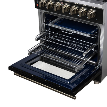 Massimo 30 Inch Dual Fuel Range in Black with Air Fryer Basket, True Convection Oven, Matte Cast Iron Grates, and Antique Brass Handles
