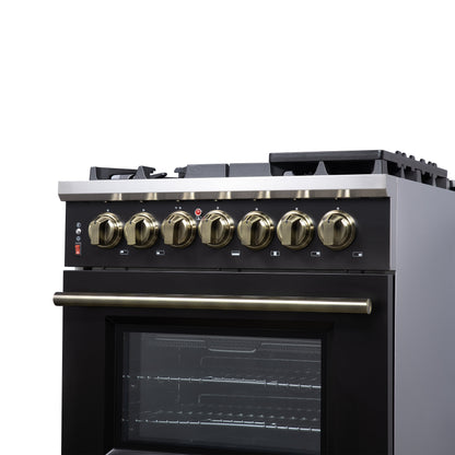 Massimo 30 Inch Dual Fuel Range in Black with Air Fryer Basket, True Convection Oven, Matte Cast Iron Grates, and Antique Brass Handles