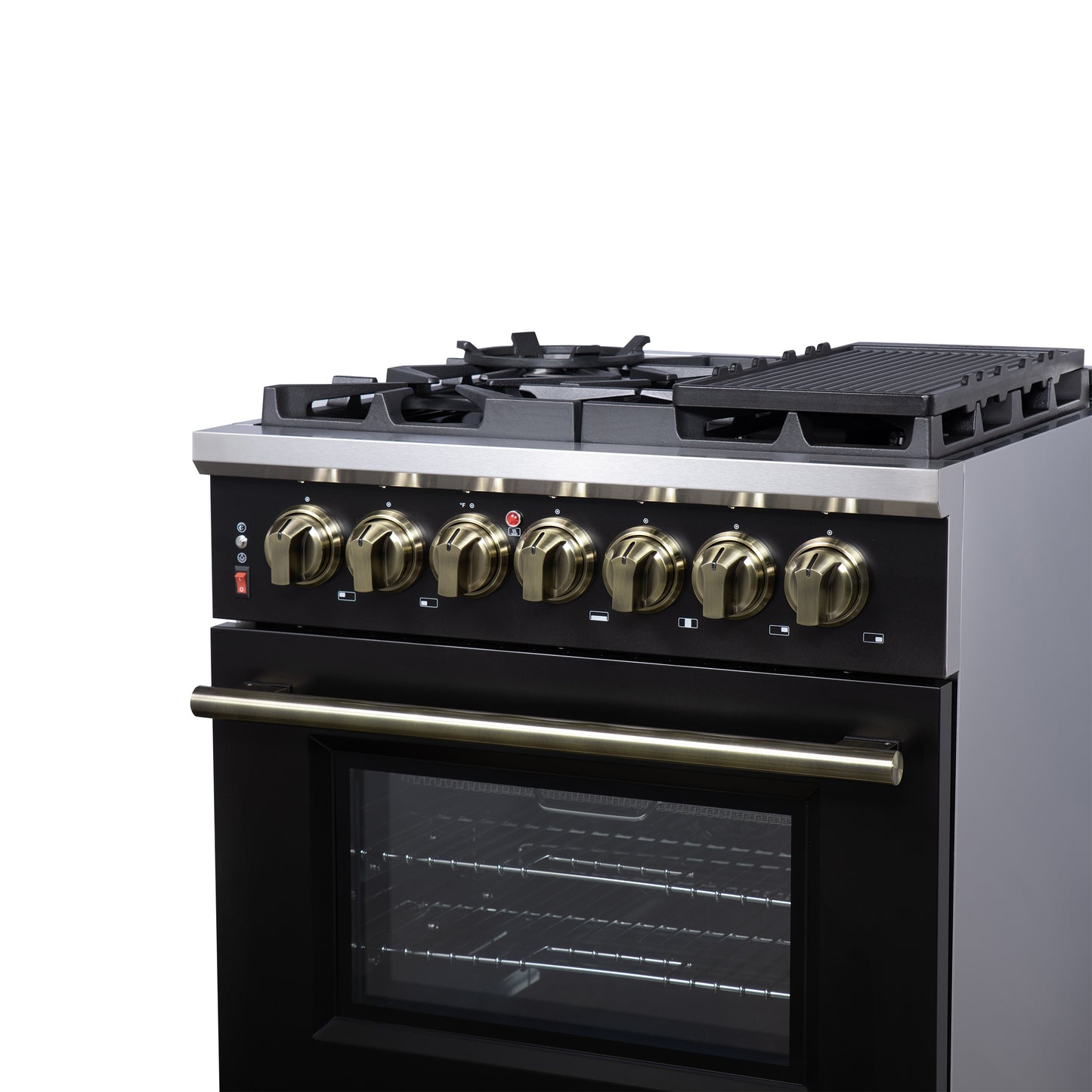 Massimo 30 Inch Dual Fuel Range in Black with Air Fryer Basket, True Convection Oven, Matte Cast Iron Grates, and Antique Brass Handles