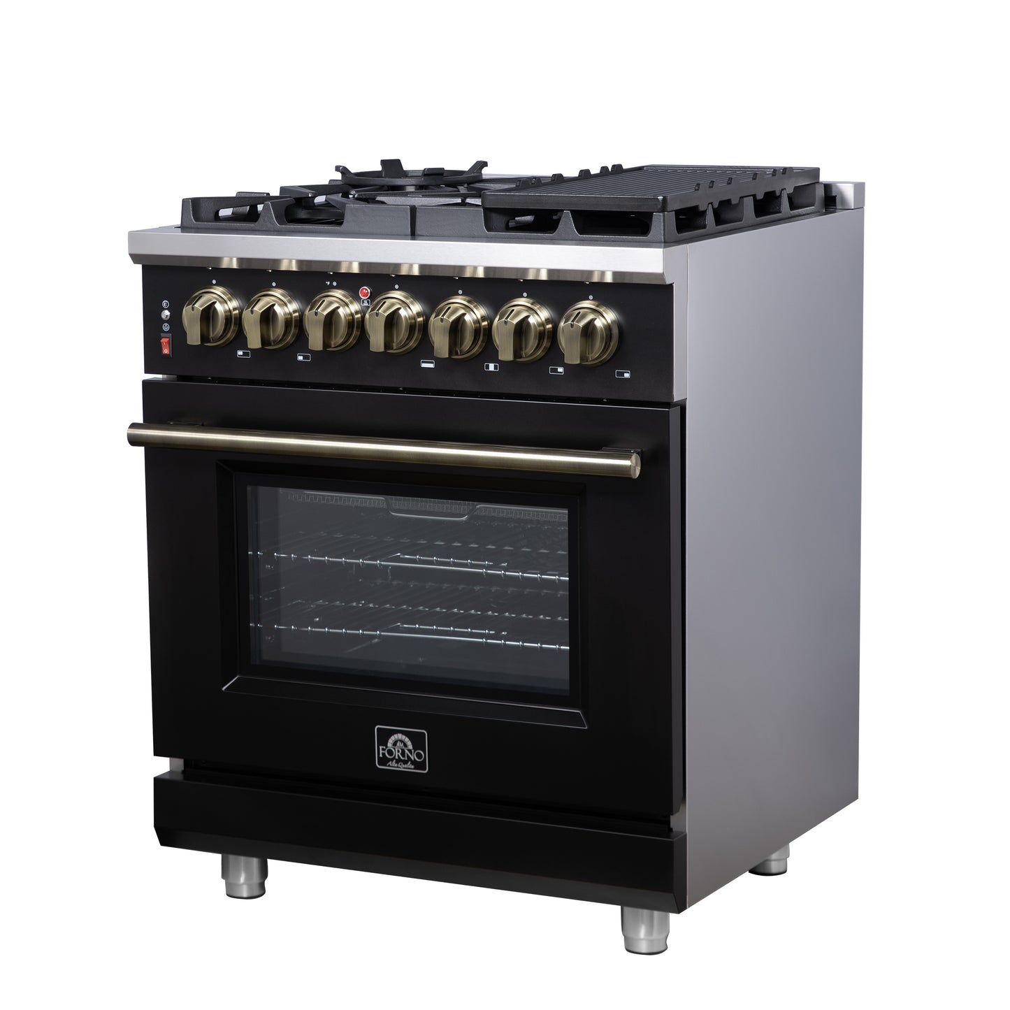 Massimo 30 Inch Dual Fuel Range in Black with Air Fryer Basket, True Convection Oven, Matte Cast Iron Grates, and Antique Brass Handles