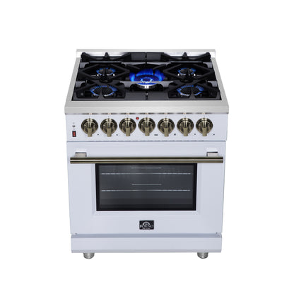Massimo 30 Inch Dual Fuel Range in White with Air Fryer Basket, True Convection Oven, Matte Cast Iron Grates, and Antique Brass Handles