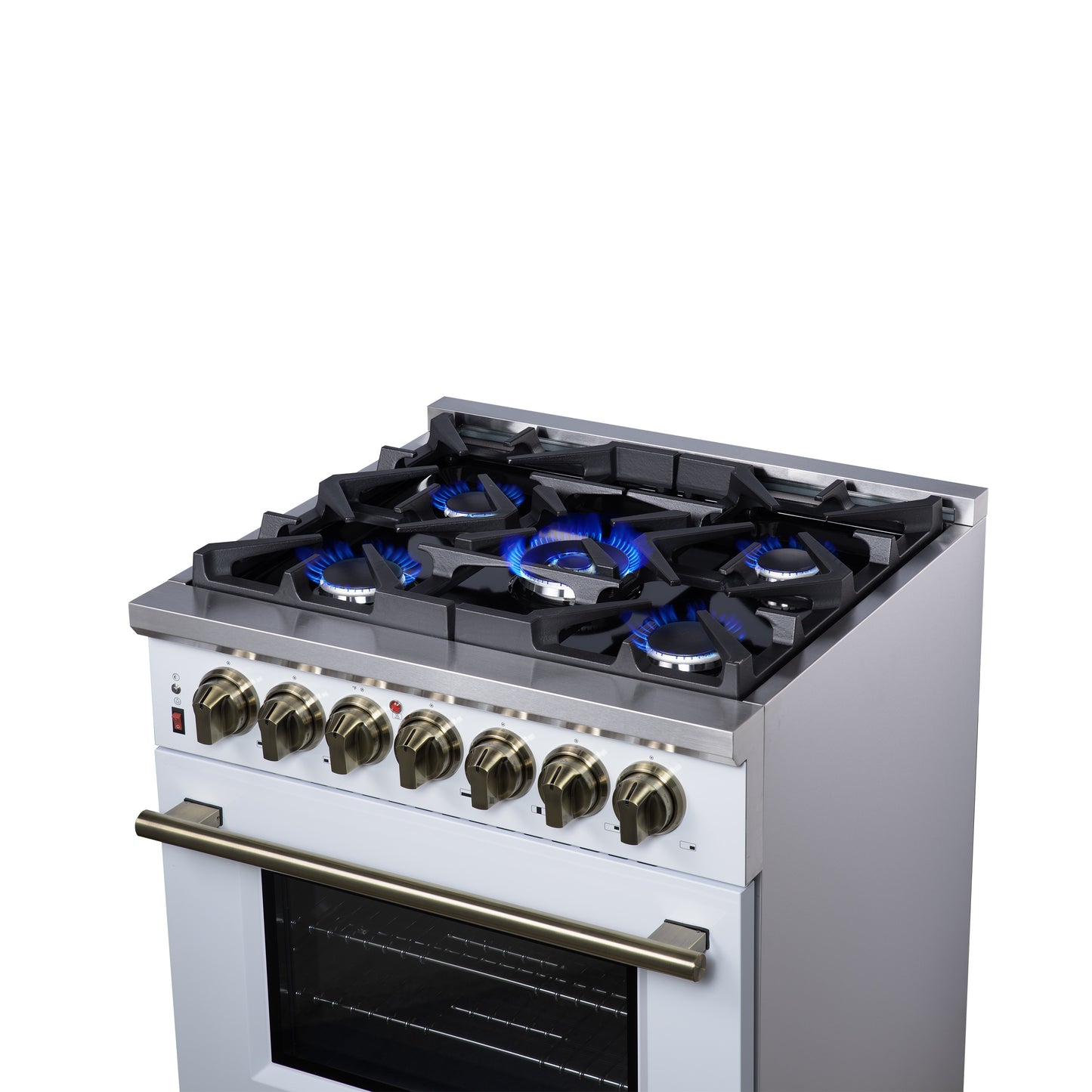 Massimo 30 Inch Dual Fuel Range in White with Air Fryer Basket, True Convection Oven, Matte Cast Iron Grates, and Antique Brass Handles