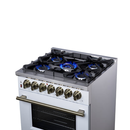 Massimo 30 Inch Dual Fuel Range in White with Air Fryer Basket, True Convection Oven, Matte Cast Iron Grates, and Antique Brass Handles