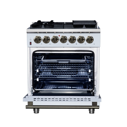 Massimo 30 Inch Dual Fuel Range in White with Air Fryer Basket, True Convection Oven, Matte Cast Iron Grates, and Antique Brass Handles