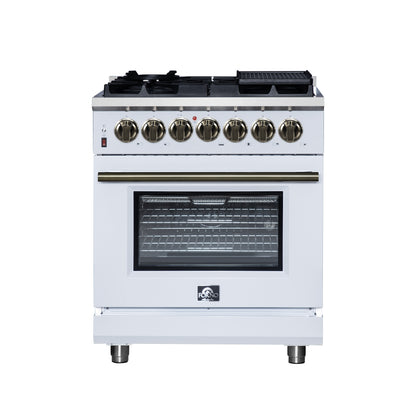 Massimo 30 Inch Dual Fuel Range in White with Air Fryer Basket, True Convection Oven, Matte Cast Iron Grates, and Antique Brass Handles