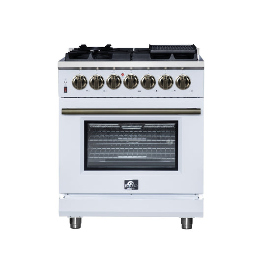 Massimo 30 Inch Dual Fuel Range in White with Air Fryer Basket, True Convection Oven, Matte Cast Iron Grates, and Antique Brass Handles