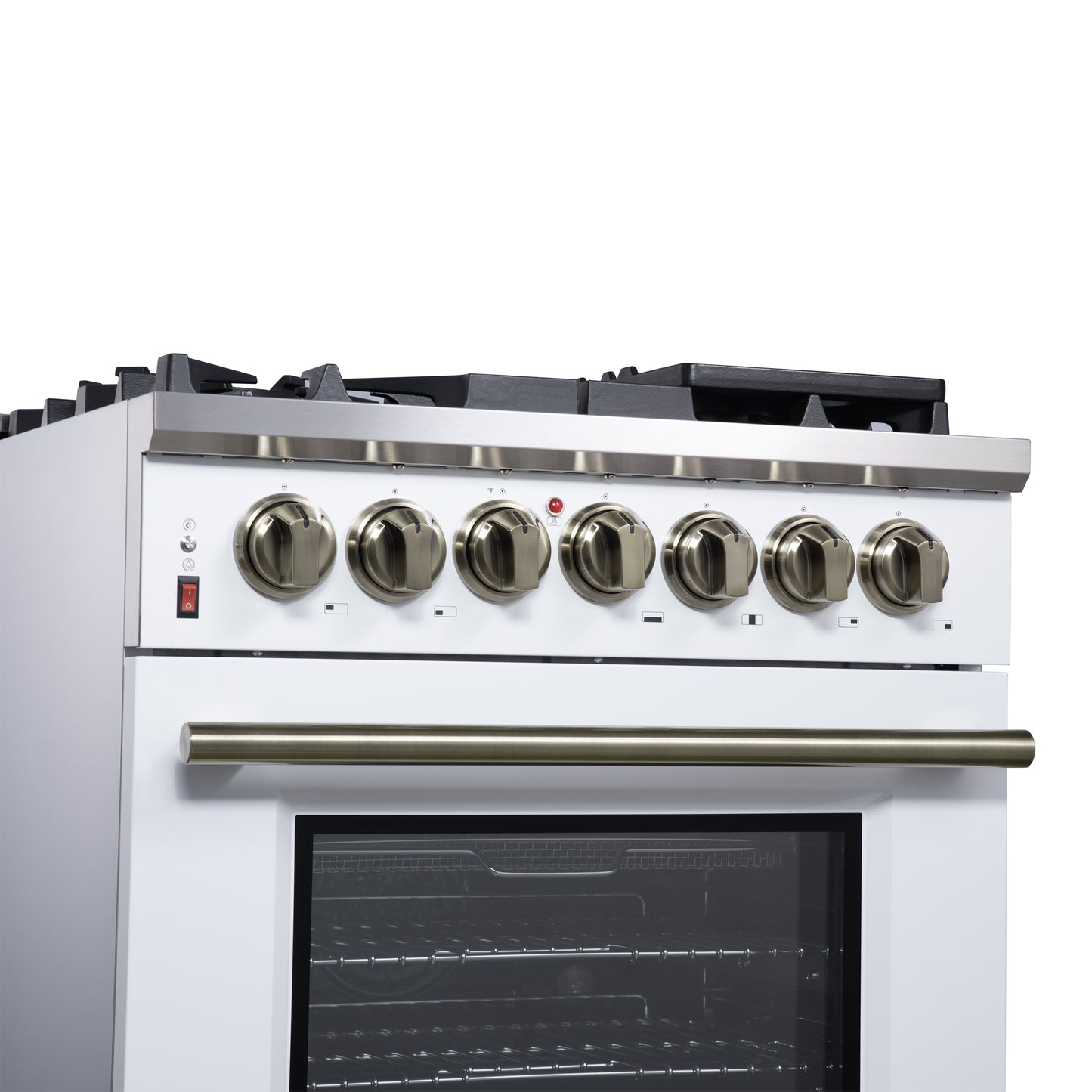 Massimo 30 Inch Dual Fuel Range in White with Air Fryer Basket, True Convection Oven, Matte Cast Iron Grates, and Antique Brass Handles