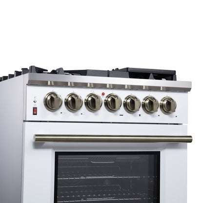 Massimo 30 Inch Dual Fuel Range in White with Air Fryer Basket, True Convection Oven, Matte Cast Iron Grates, and Antique Brass Handles