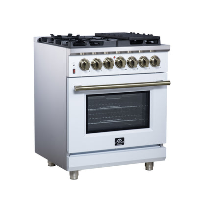 Massimo 30 Inch Dual Fuel Range in White with Air Fryer Basket, True Convection Oven, Matte Cast Iron Grates, and Antique Brass Handles