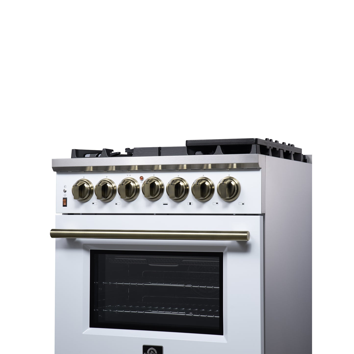 Massimo 30 Inch Dual Fuel Range in White with Air Fryer Basket, True Convection Oven, Matte Cast Iron Grates, and Antique Brass Handles
