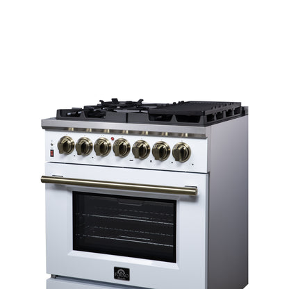 Massimo 30 Inch Dual Fuel Range in White with Air Fryer Basket, True Convection Oven, Matte Cast Iron Grates, and Antique Brass Handles