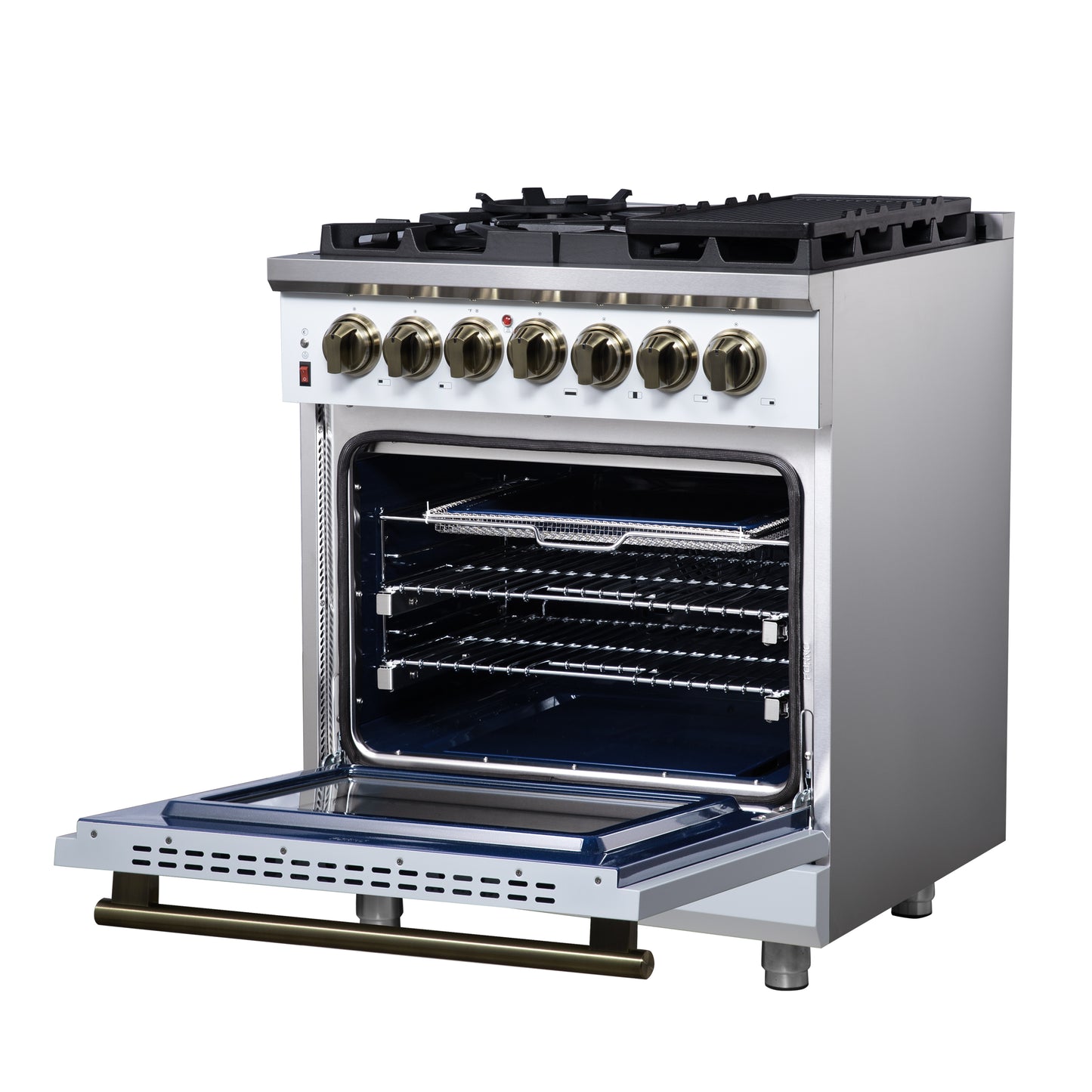 Massimo 30 Inch Dual Fuel Range in White with Air Fryer Basket, True Convection Oven, Matte Cast Iron Grates, and Antique Brass Handles