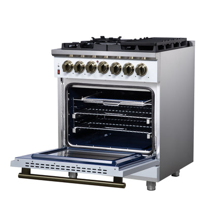 Massimo 30 Inch Dual Fuel Range in White with Air Fryer Basket, True Convection Oven, Matte Cast Iron Grates, and Antique Brass Handles