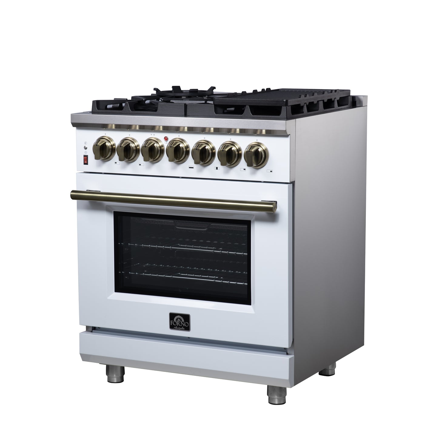 Massimo 30 Inch Dual Fuel Range in White with Air Fryer Basket, True Convection Oven, Matte Cast Iron Grates, and Antique Brass Handles