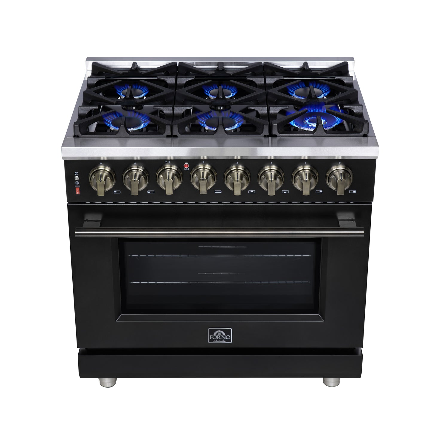 Massimo 36 Inch Dual Fuel Range in Black with Air Fryer Basket, True Convection Oven, Matte Cast Iron Grates, and Antique Brass Handles