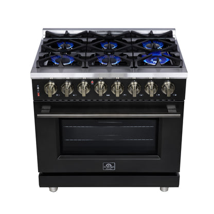 Massimo 36 Inch Dual Fuel Range in Black with Air Fryer Basket, True Convection Oven, Matte Cast Iron Grates, and Antique Brass Handles