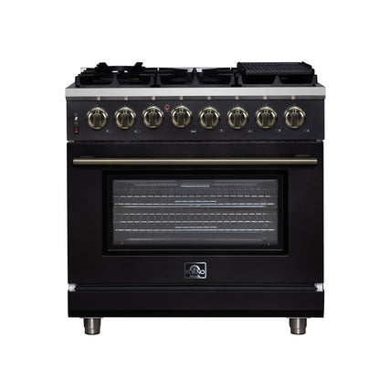 Massimo 36 Inch Dual Fuel Range in Black with Air Fryer Basket, True Convection Oven, Matte Cast Iron Grates, and Antique Brass Handles