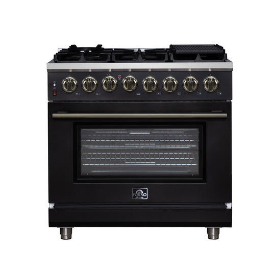 Massimo 36 Inch Dual Fuel Range in Black with Air Fryer Basket, True Convection Oven, Matte Cast Iron Grates, and Antique Brass Handles