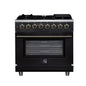 Massimo 36 Inch Dual Fuel Range in Black with Air Fryer Basket, True Convection Oven, Matte Cast Iron Grates, and Antique Brass Handles