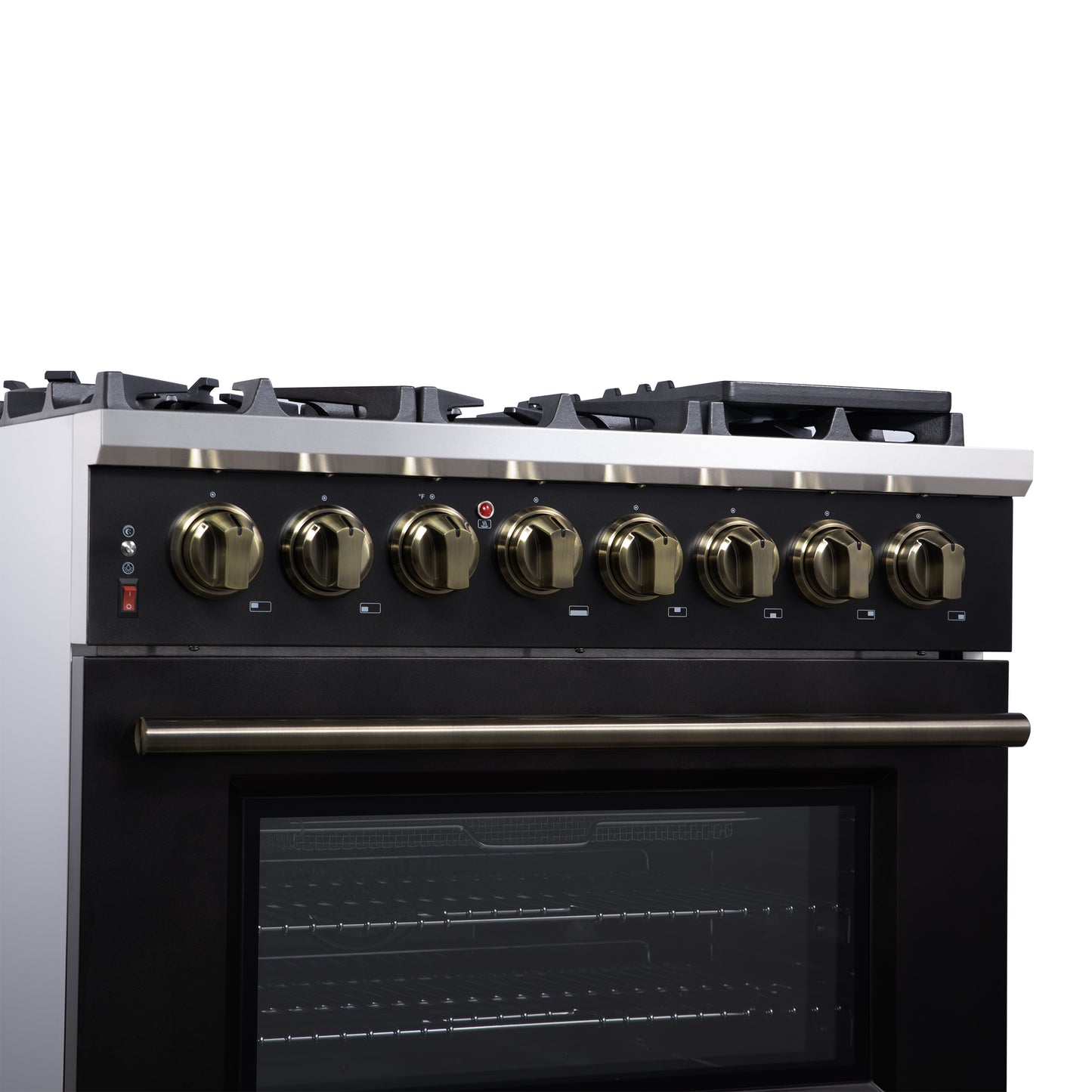 Massimo 36 Inch Dual Fuel Range in Black with Air Fryer Basket, True Convection Oven, Matte Cast Iron Grates, and Antique Brass Handles