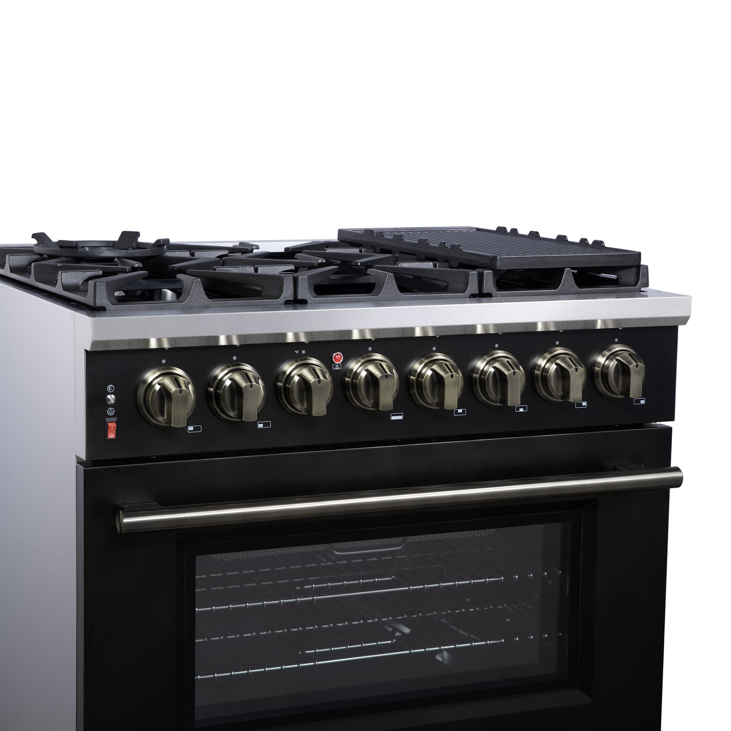 Massimo 36 Inch Dual Fuel Range in Black with Air Fryer Basket, True Convection Oven, Matte Cast Iron Grates, and Antique Brass Handles