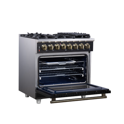 Massimo 36 Inch Dual Fuel Range in Black with Air Fryer Basket, True Convection Oven, Matte Cast Iron Grates, and Antique Brass Handles
